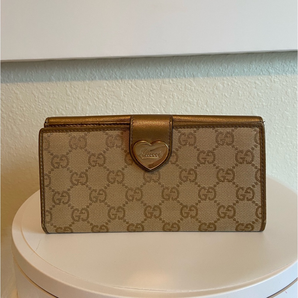 Gucci Guccissima GG Heart Clasp Brown Metallic Leather Wallet
